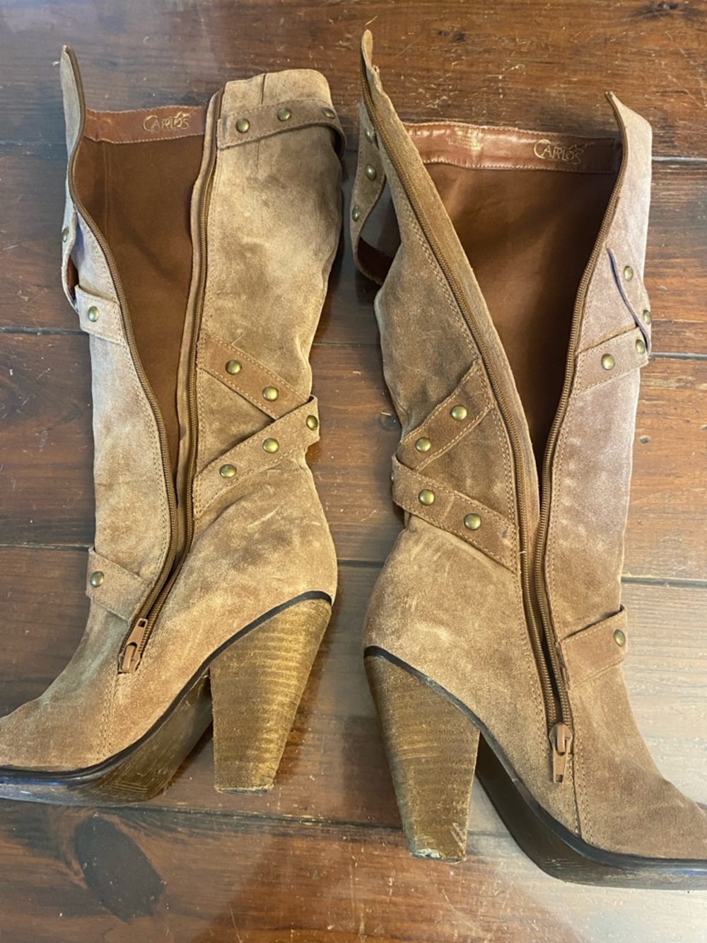 Suede Mid-Calf Heeled Boots in Brown
